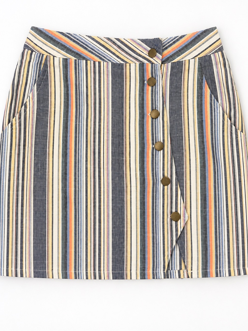 Altar'd State Navy, Cream, Tan & Orange Striped Button-Front Mini Skirt